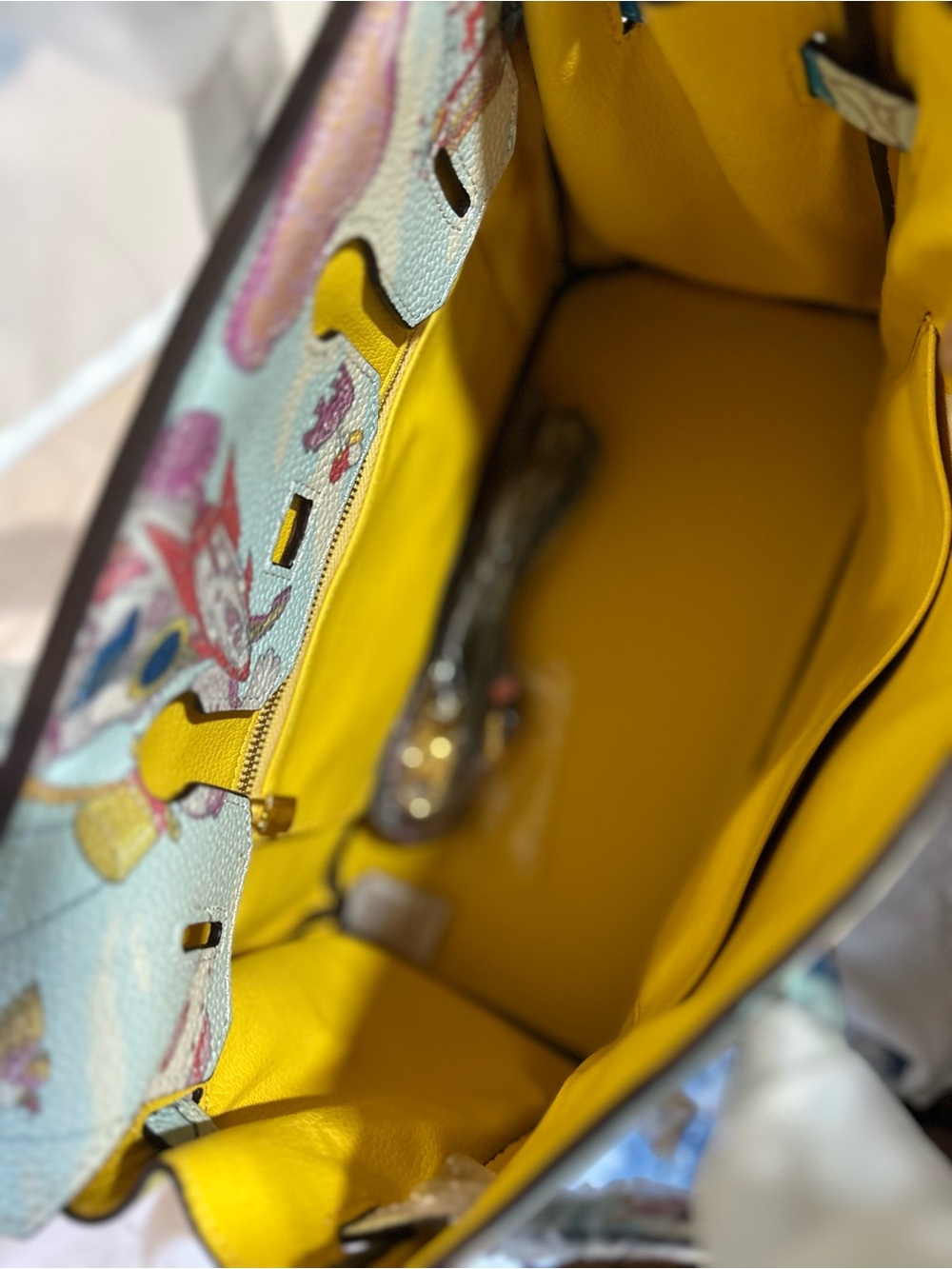 Pastel Illustrated Top-Handle Satchel in Blue, Pink, Yellow - Picture 4 of 9